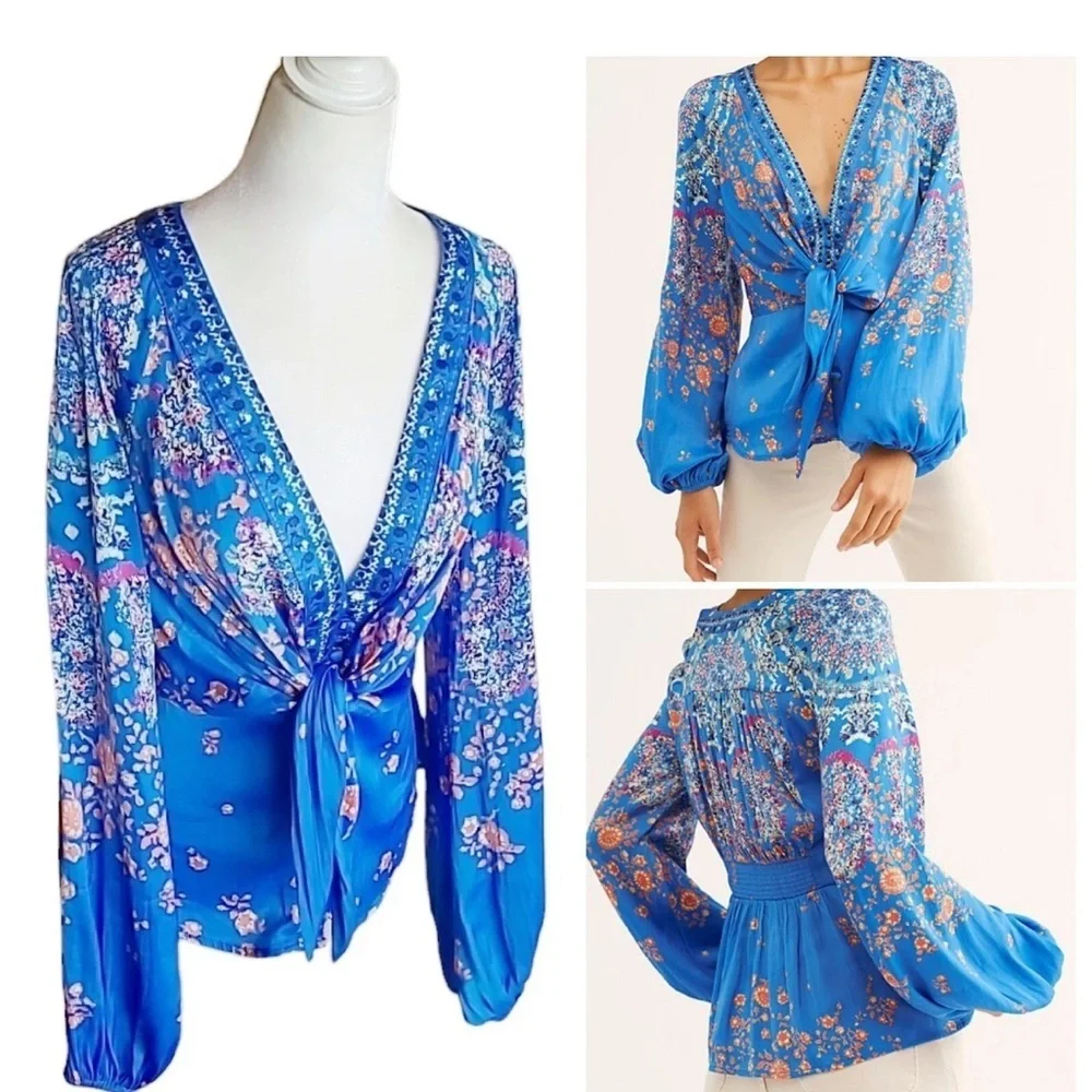 Free People Run Satin Floral V-Neck Long Sleeve Blouse Blue Size L Boho Chic Top
